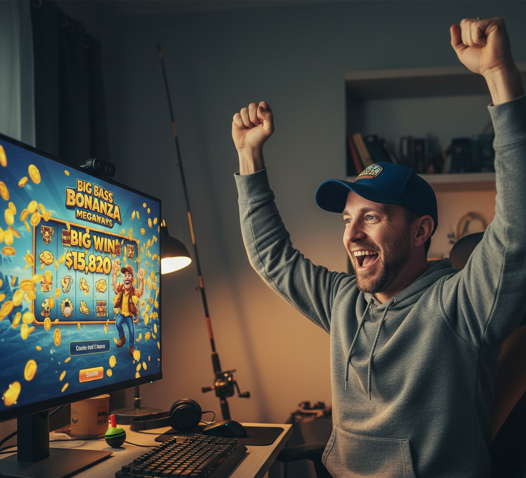 Happy player celebrating a big win on Big Bass Bonanza